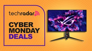Asus ROG Swift PG32UCDM gaming monitor against an orange TechRadar deals background