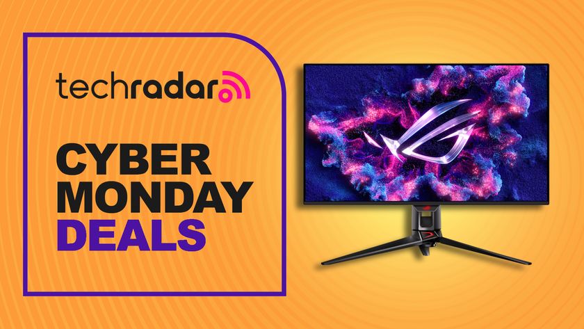 Asus ROG Swift PG32UCDM gaming monitor against an orange TechRadar deals background