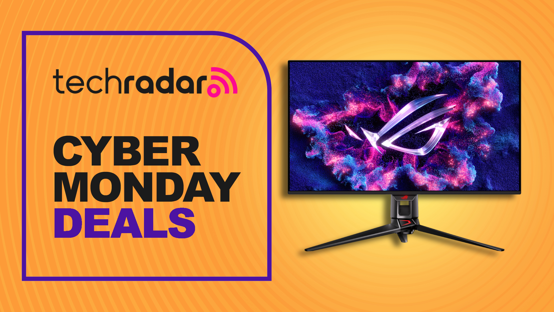 Asus ROG Swift PG32UCDM gaming monitor against an orange TechRadar deals background