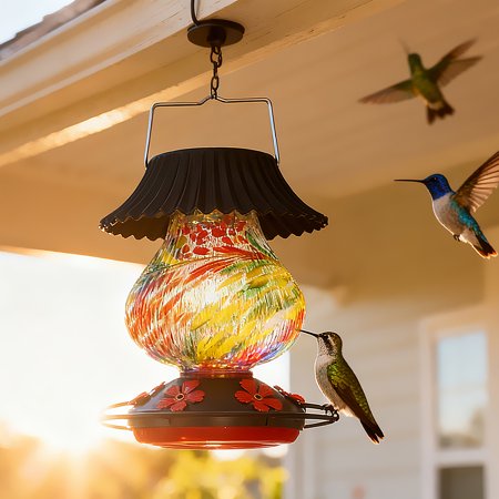 Marchrose Solar Hummingbird Feeder-5 Feeding Ports With Perch, Hand Blown Glass