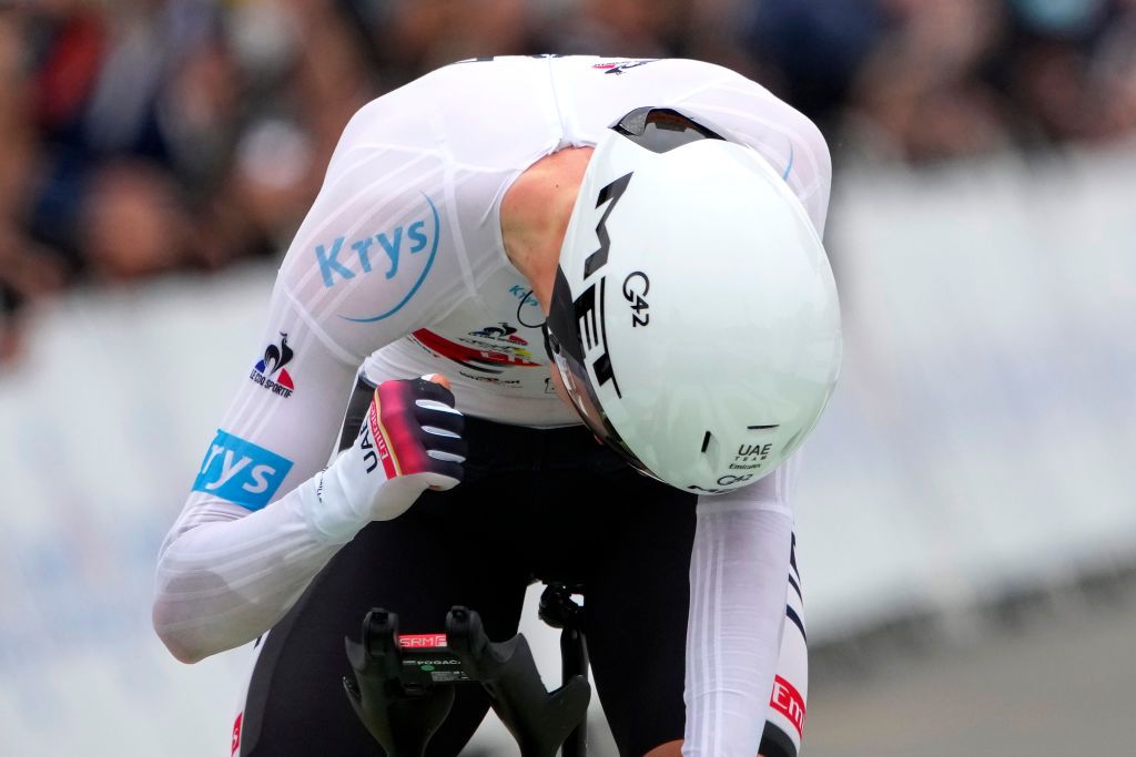 LAVAL ESPACE MAYENNE FRANCE JUNE 30 Tadej Pogaar of Slovenia and UAETeam Emirates White Best Young Rider Jersey celebrates at arrival during the 108th Tour de France 2021 Stage 5 a 272km Individual Time Trial stage from Chang to Laval Espace Mayenne 90m ITT LeTour TDF2021 on June 30 2021 in Laval Espace Mayenne France Photo by Christophe Ena PoolGetty Images