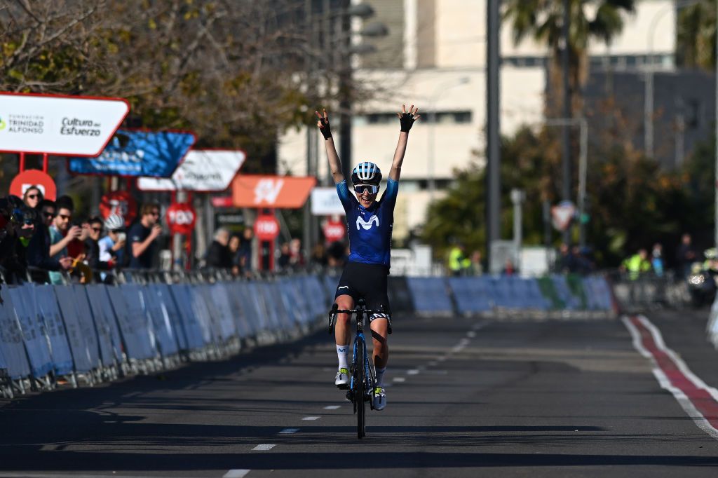VALENCIA SPAIN FEBRUARY 05 EDITORS NOTE Alternate crop Floortje Mackaij of The Netherlands and Movistar Team celebrates at finish line as race winner during the 5th VCV Fminas GP 2023 a 93km one day race from Paterna to Valencia on February 05 2023 in Valencia Spain Photo by Dario BelingheriGetty Images