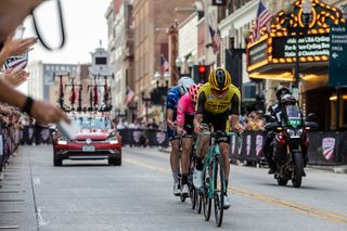 Neilson Powless, Alex Howes and Stephen Bassett near the end of the US Pro Road Race