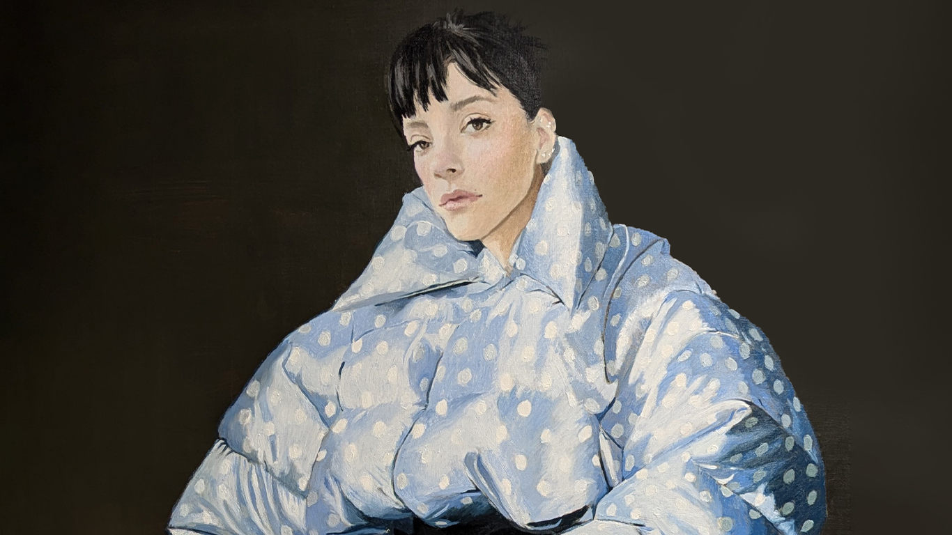 A painted portrait of a person in a large light blue polka dot quilted coat seated against a dark background with short dark hair and a calm direct expression