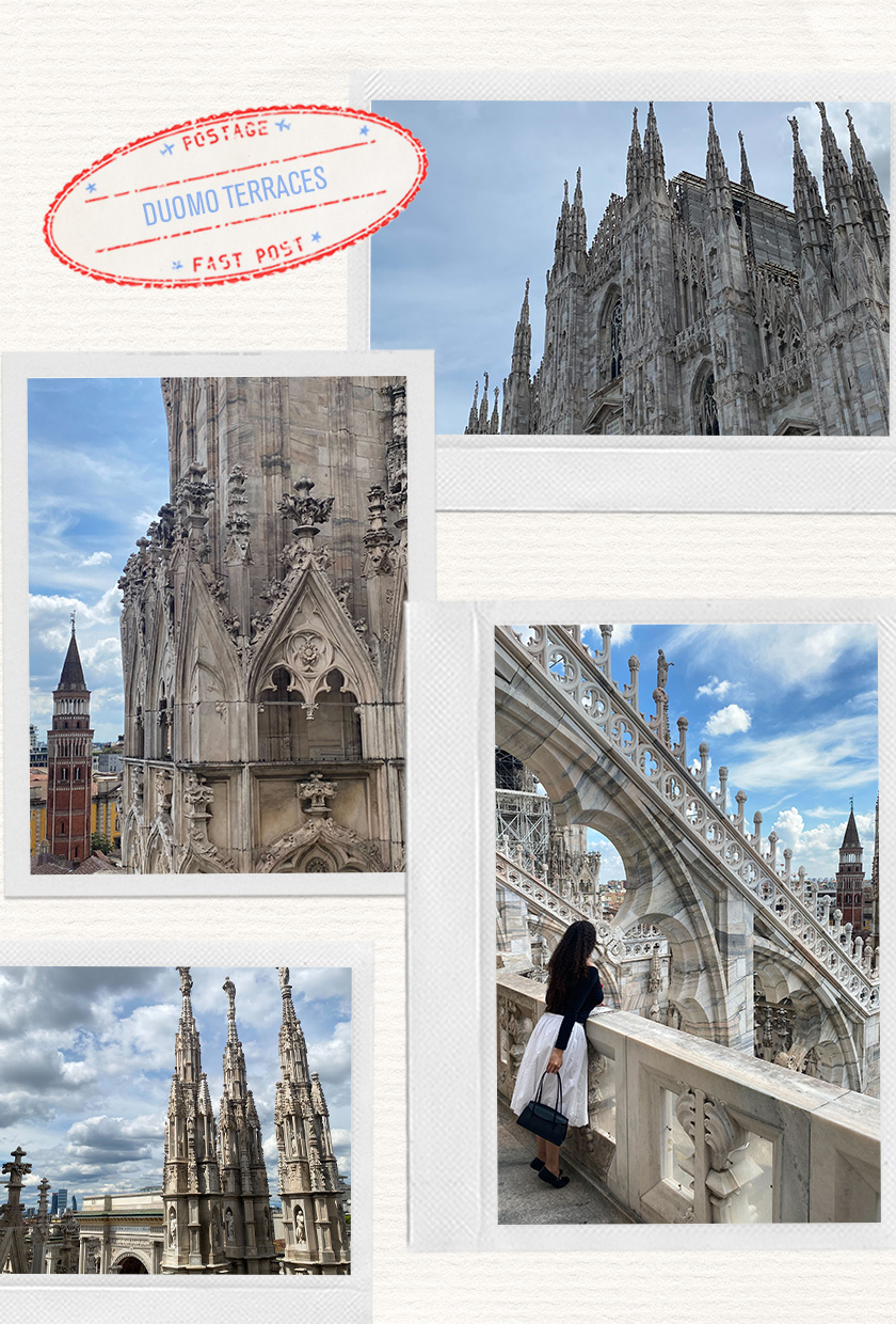 a collage of photos picturing the duomo terraces in milan