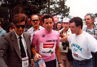 Stephen Roche and confidant Patrick Valcke on the final day of the 1987 Giro d'Italia in Saint Vincent.