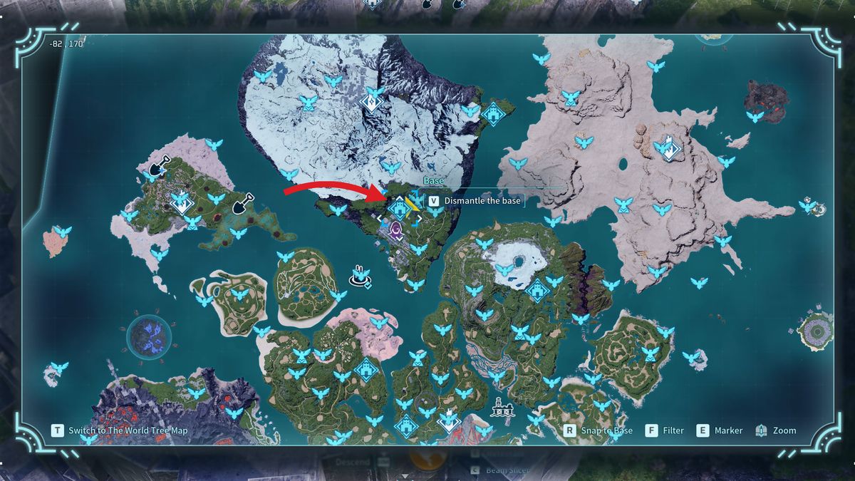 A Palworld map highlighting the base location safe from raids on the northern snowy island.