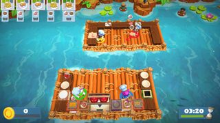 best co-op games: Two kitchens on rafts with cooks working in them in Overcooked 2