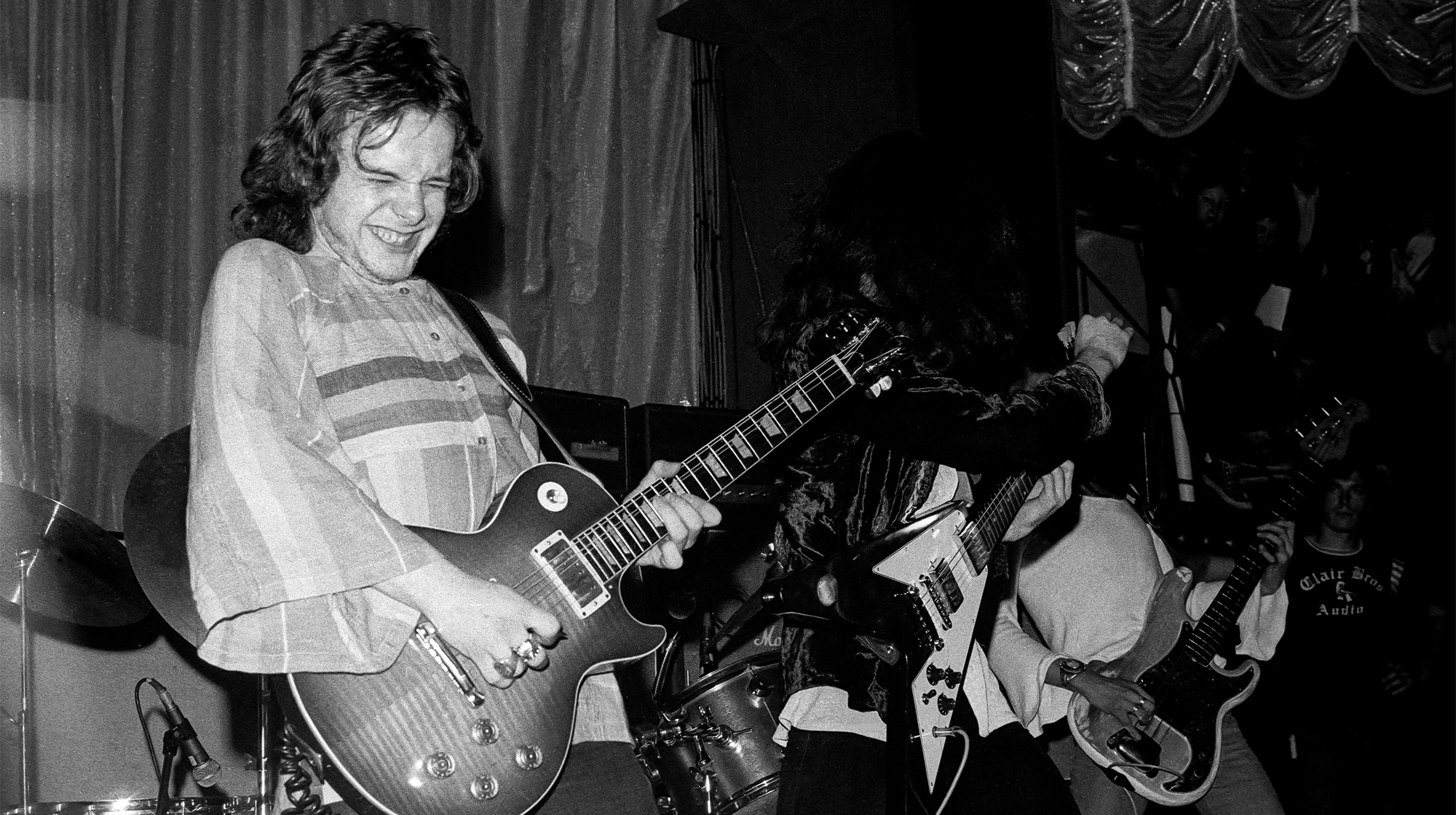 Paul Kossoff and Paul Rodgers of English blues rock band Free performing on stage in United Kingdom, 1972.