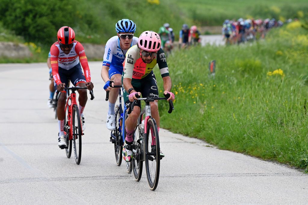 LAGO LACENOBAGNOLI IRPINO ITALY MAY 09 LR Natnael Tesfatsion of Eritrea and Team Trek Segafredo Callum Scotson of Australia and Team Jayco AlUla and Ben Healy of Ireland and Team EF EducationEasyPost compete in the breakaway during the 106th Giro dItalia 2023 Stage 4 a 175km stage from Venosa to Lago Laceno 1059m Bagnoli Irpino UCIWT on May 09 2023 in Lago Laceno 1059m Bagnoli Irpino Italy Photo by Tim de WaeleGetty Images