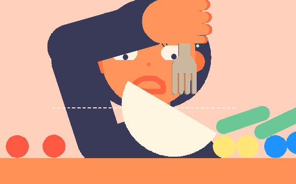 Consume Me; a stylised character tries stacking food