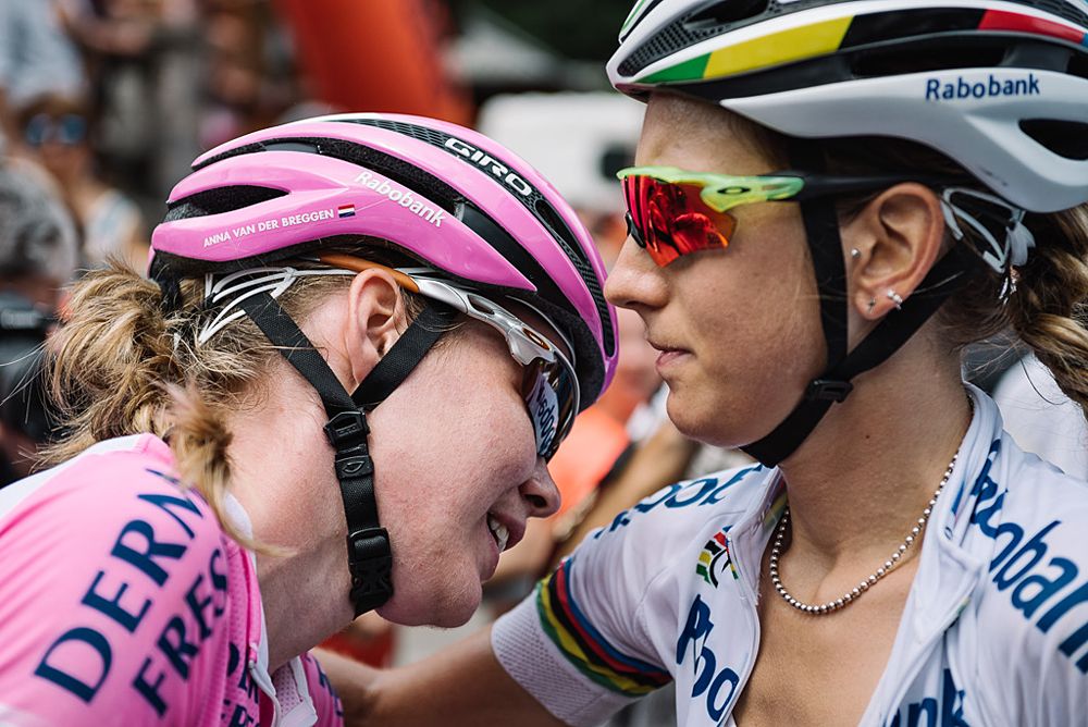 Anna van der Breggen (Rabo Liv) gets a hug from her teammate and world champion Pauline Ferrand-Prevot