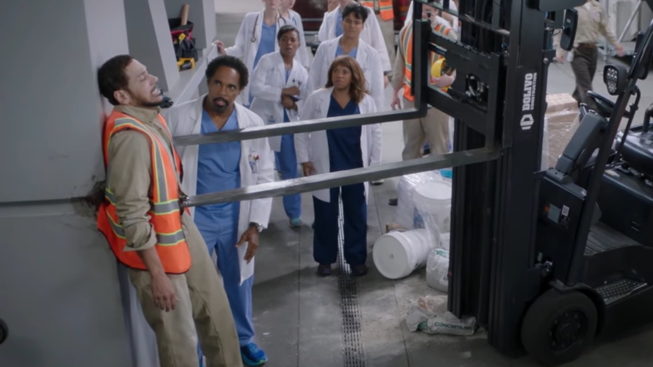 Ben and Miranda look at a man impaled by a forklift in the Grey&#039;s Anatomy Season 22 episode &amp;quot;We Built This City.&amp;quot;