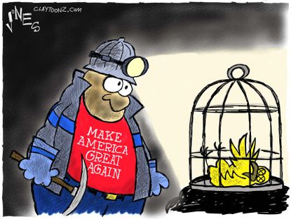 Political Cartoon U.S. President Trump supporter Coal Miner Canary