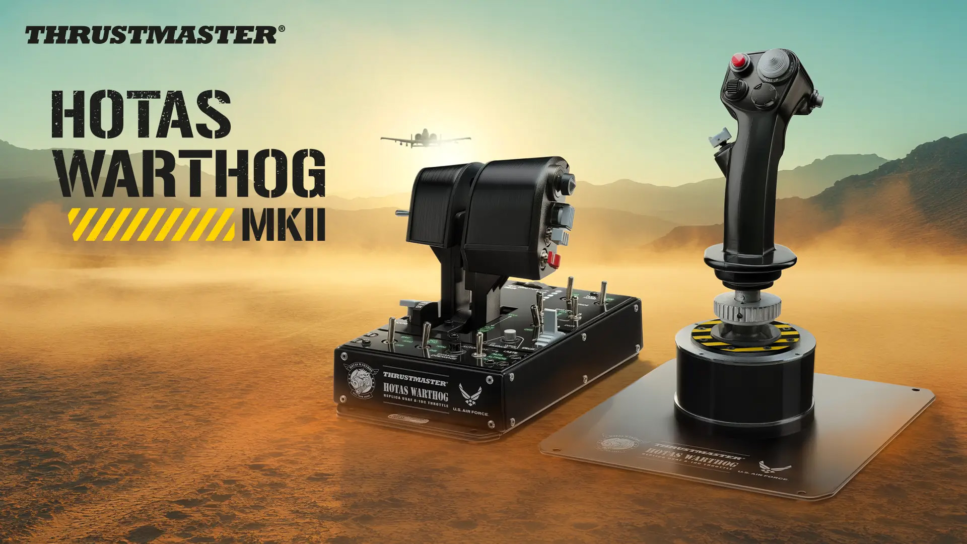 Thrustmaster HOTAS WARTHOG MK II flight stick promotional renders with a dusty desert background scene
