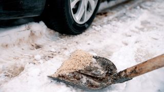 Salting driveway with shovel