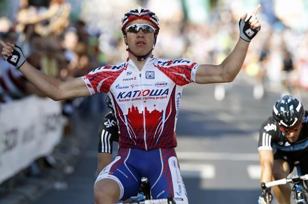 Denis Galimzyanov (Katusha) celebrates his victory in stage one at the Tour de Luxembourg.