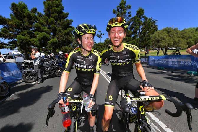Mitchelton-Scott's Amanda Spratt and Lucy Kennedy put on a brave face after having finished third and second, respectively, at the women's edition of the 2019 Cadel Evans Great Ocean Road Race