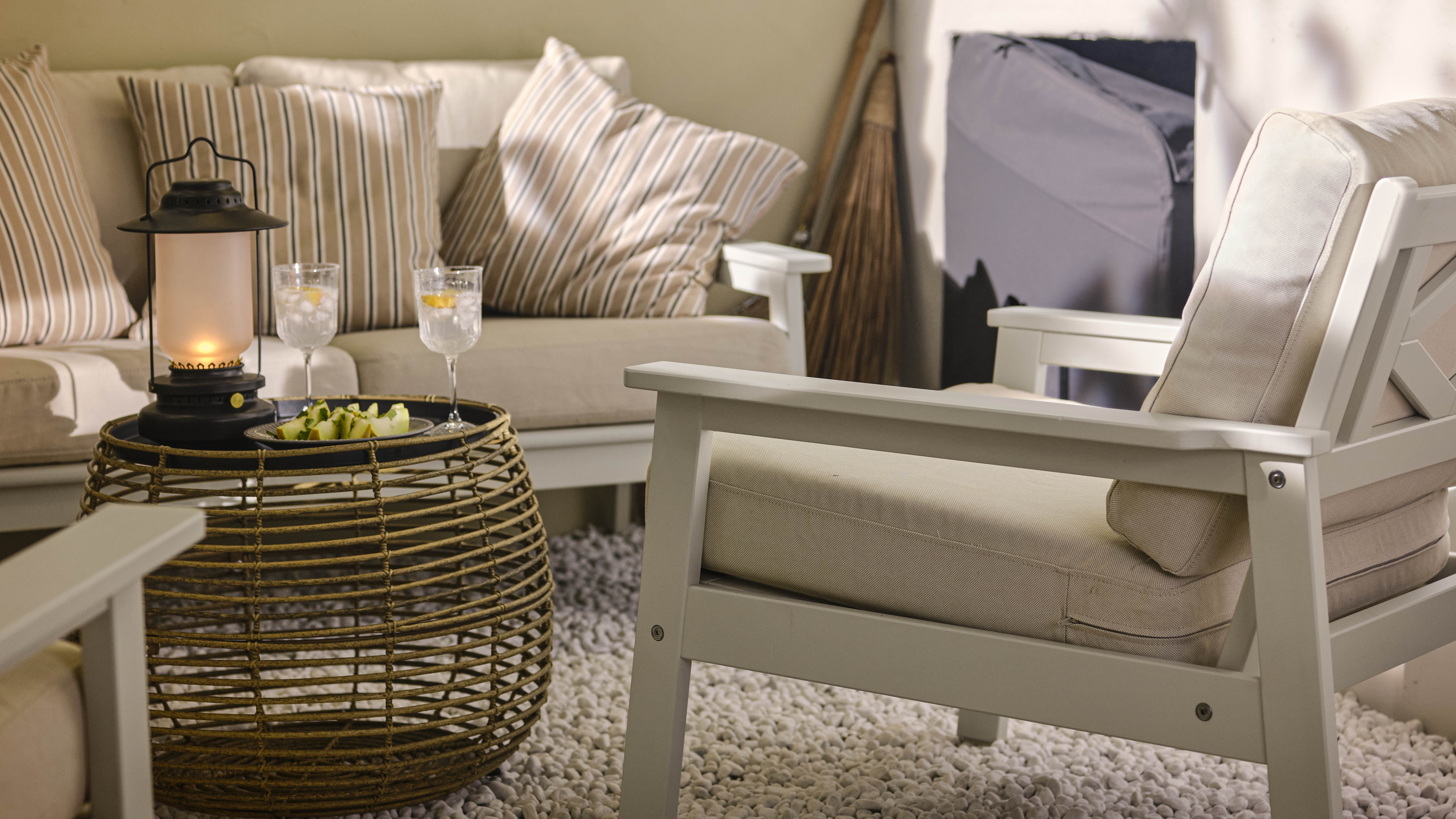 IKEA patio chairs and wicker coffee table