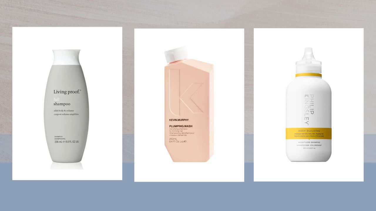 Collage of three of the best shampoos featured in this guide from Living Proof, Kevin Murphy and Philip Kingsley set against a grey and blue watercolour-style background