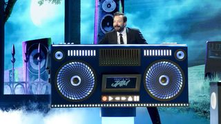 Jimmy Fallon behind a giant stereo in That's My Jam season 2