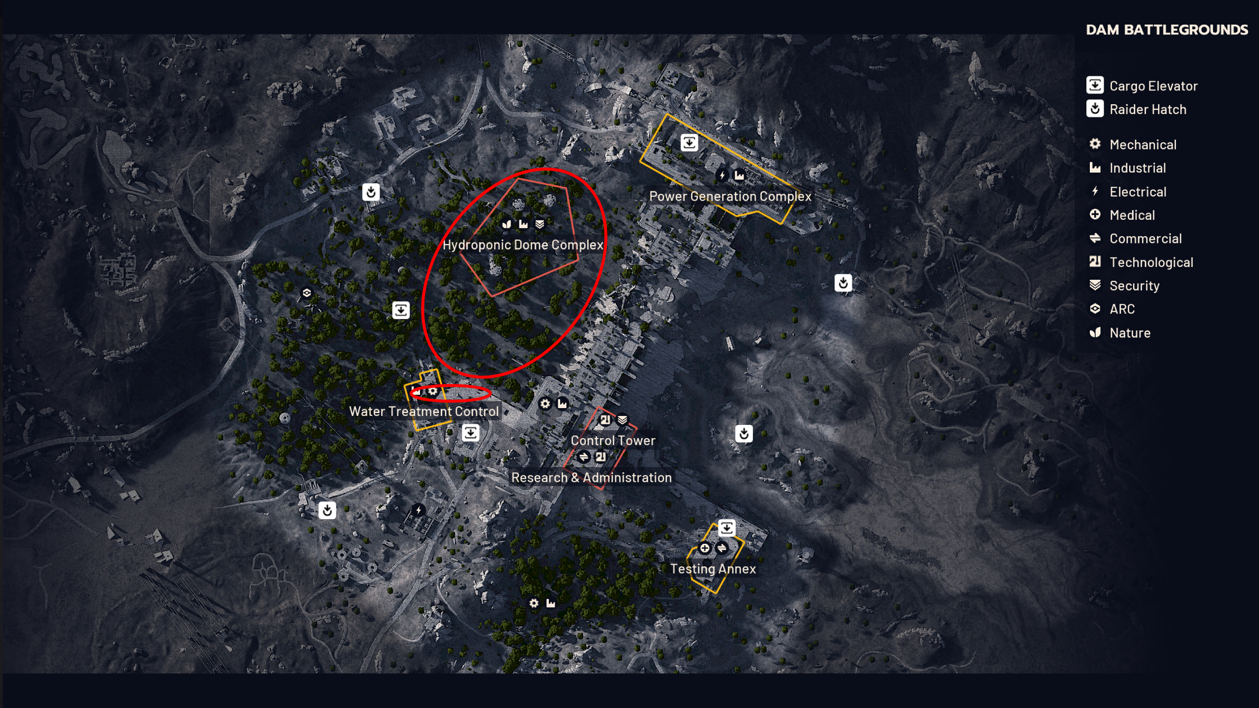 Arc Raiders mushroom locations: A map with two red ovals showing possible mushroom spawns on the Dam Battlegrounds map.