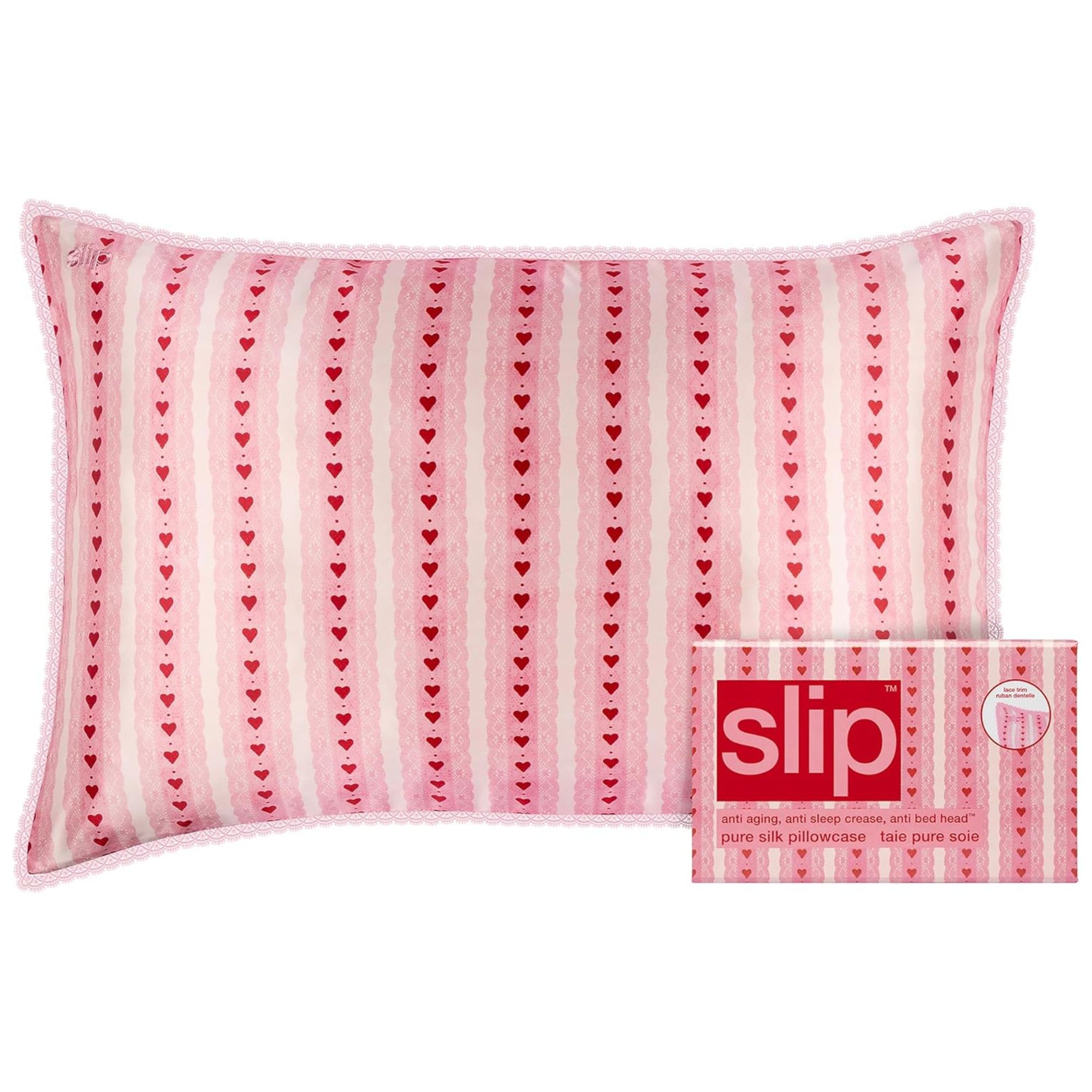 Pink slip silk pillowcase decorated with stripes and red hearts
