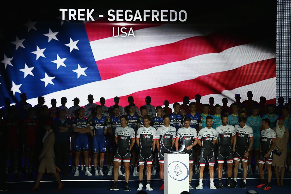 Trek Factory Racing on stage at the Tour of Dubai opening festivities.