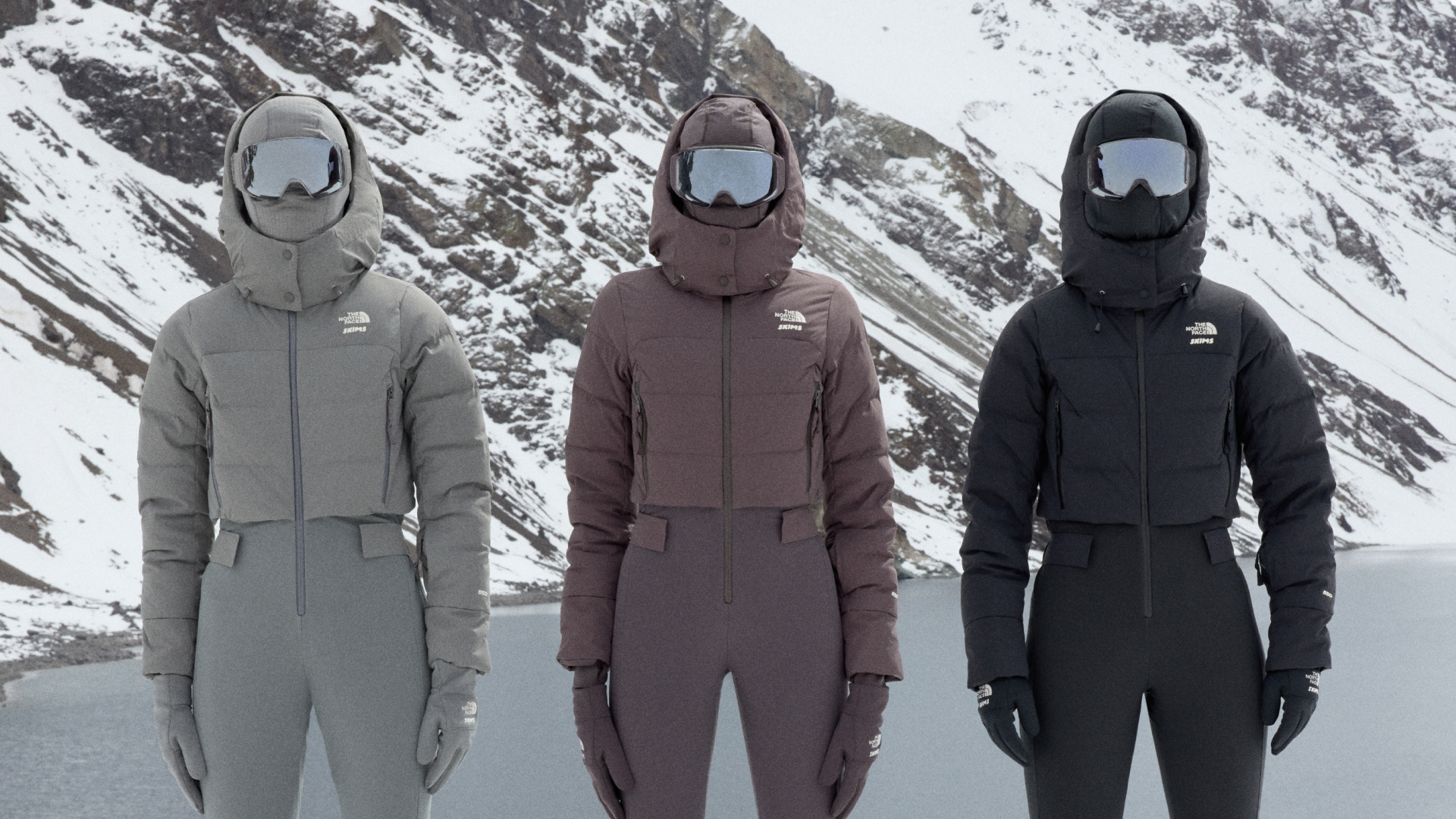 models wearing skims x the north face in the mountains
