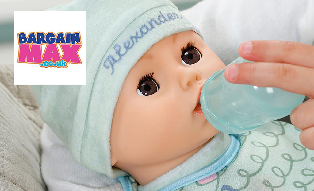 Bargain max logo top left with a close up shot of a baby doll being fed 