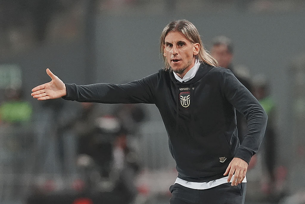 Sebastian Beccacece, Head Coach of Ecuador reacts during the FIFA World Cup 2026 South American Qualifier match between Peru and Ecuador at Estadio Nacional de Lima on June 10, 2025 in Lima, Peru.