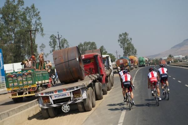 The Radioshack riders take on the local traffic on a training ride