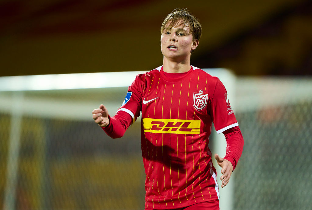 Andreas Schjelderup of FC Nordsjalland gestures during the Danish 3F Superliga match between FC Nordsjalland and Randers FC at Right to Dream Park on October 3, 2022 in Farum, Denmark.