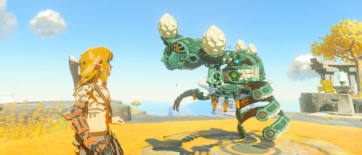 Link inspects a robotic enemy in The Legend of Zelda: Tears of the Kingdom