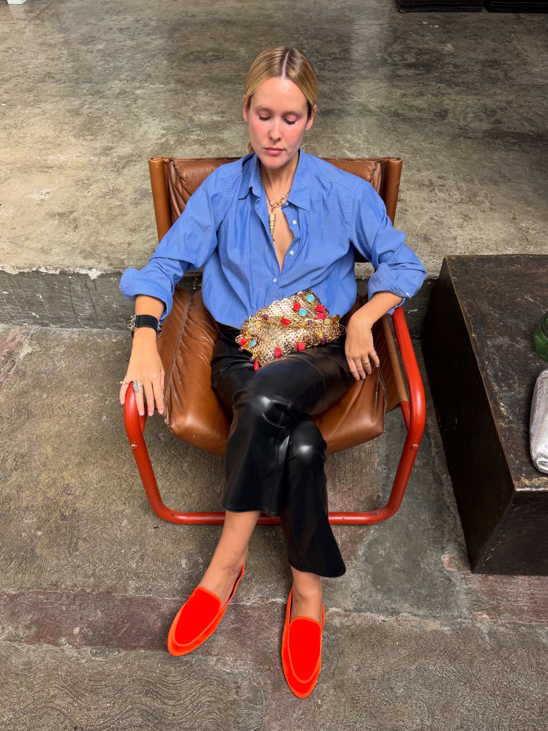 Lucia Cuesta wearing a pair of velvet smoking slippers