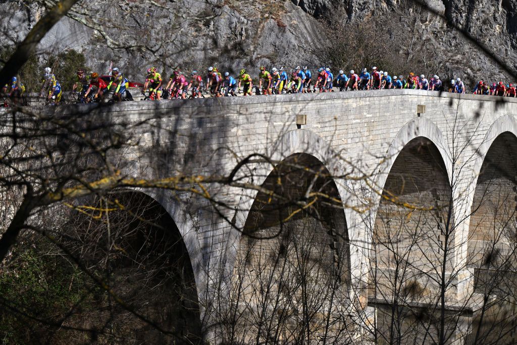 MEJANNESLECLAP FRANCE FEBRUARY 03 A general view of the peloton passing through a bridge during the 54th Etoile de Besseges Tour du Gard Stage 4 a 15848km stage from MejannesleClap to MejannesleClap on February 03 2024 in MejannesleClap France Photo by Luc ClaessenGetty Images