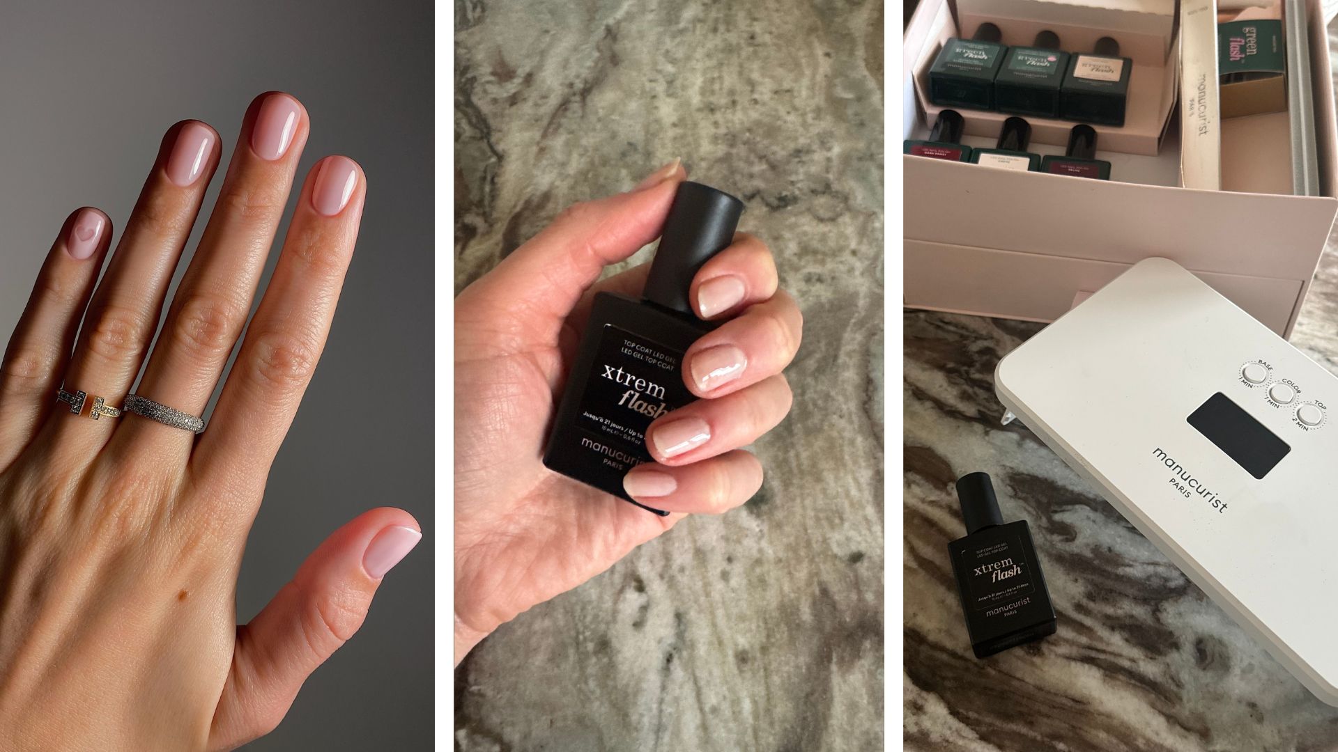 A collage with a manicure by @matejanova using Manucurist Xtrem Flash Top Coat, and pictures of Eleanor testing out the gel nail alternative on her hands