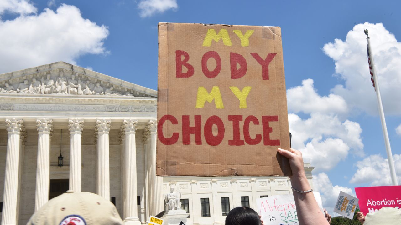 A pro-abortion rights advocate protests outside of the Supreme Court.