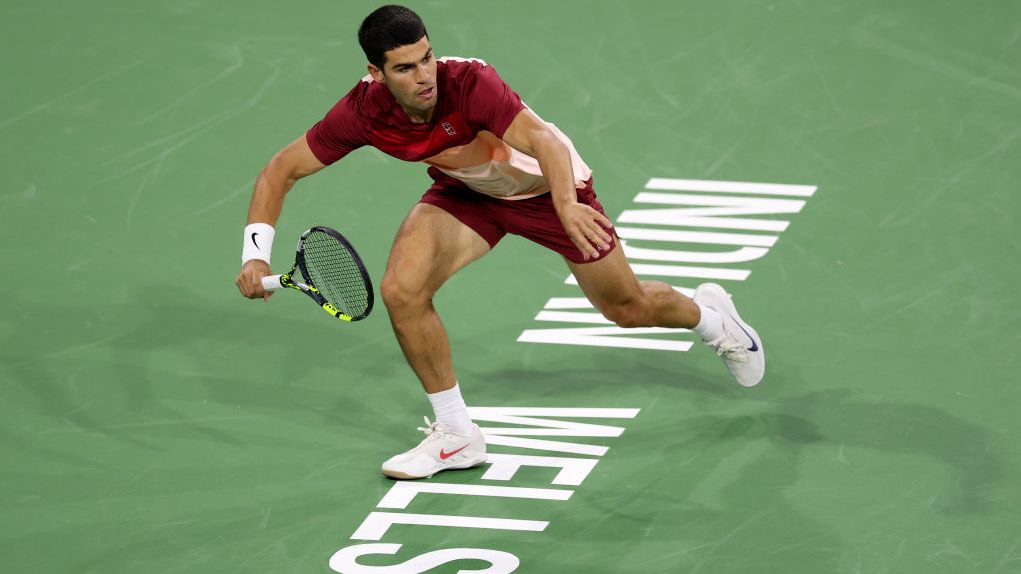 Carlos Alcaraz of Spain runs for the ball in his Quarterfinal round match during the BNP Paribas Open in Indian Wells, California