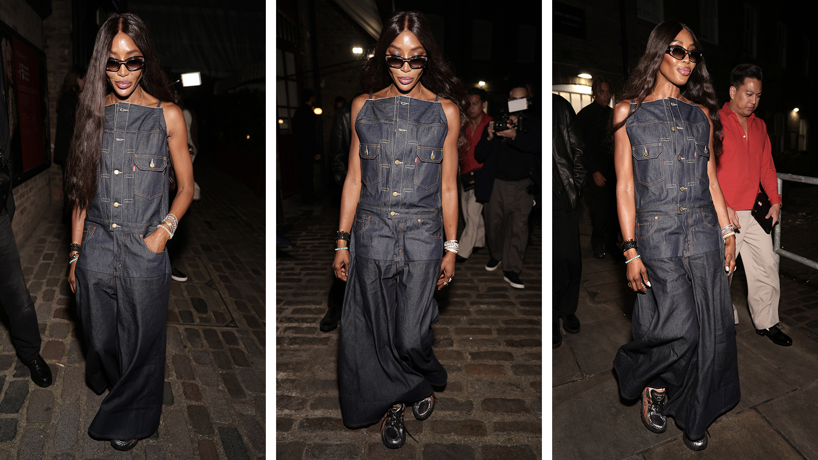 Naomi Campbell wearing a denim maxi dress