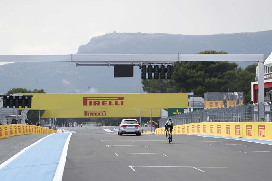 Simon Yates does a lap of the circuit at the French Grand Prix
