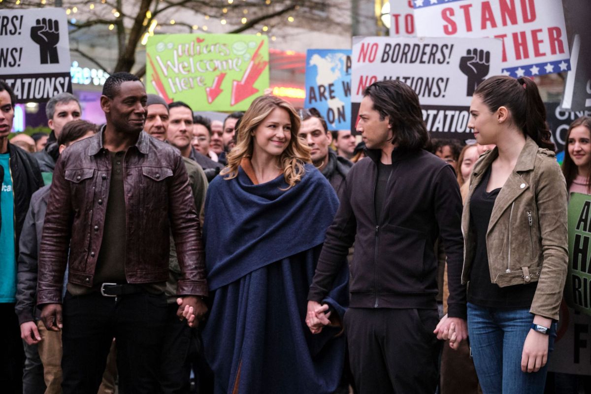 Supergirl (Melissa Benoist) and the rest of the heroes of National City march to defend alien rights.