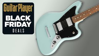 A Fender Player Jaguar on a grey background