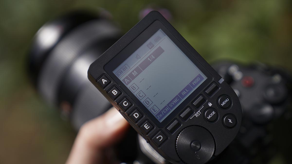 Neewer Q6 strobe light trigger on top of a camera