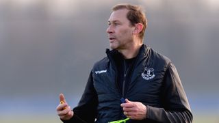 Everton coach Duncan Ferguson oversees training at Finch Farm before a Premier League match