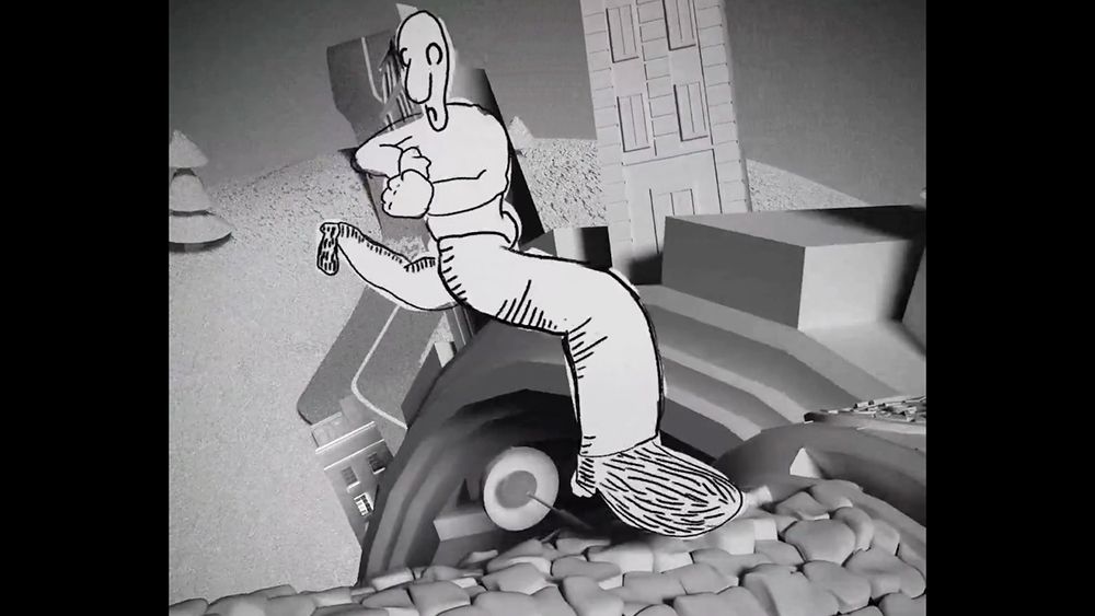 An image from a 3D animation of a man running that looks like paper texture