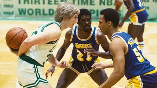 Sean Small, Delante Desouza and Jimel Atkins as Larry Bird, Michael Cooper and Jamaal Wilkes on the court in Winning Time