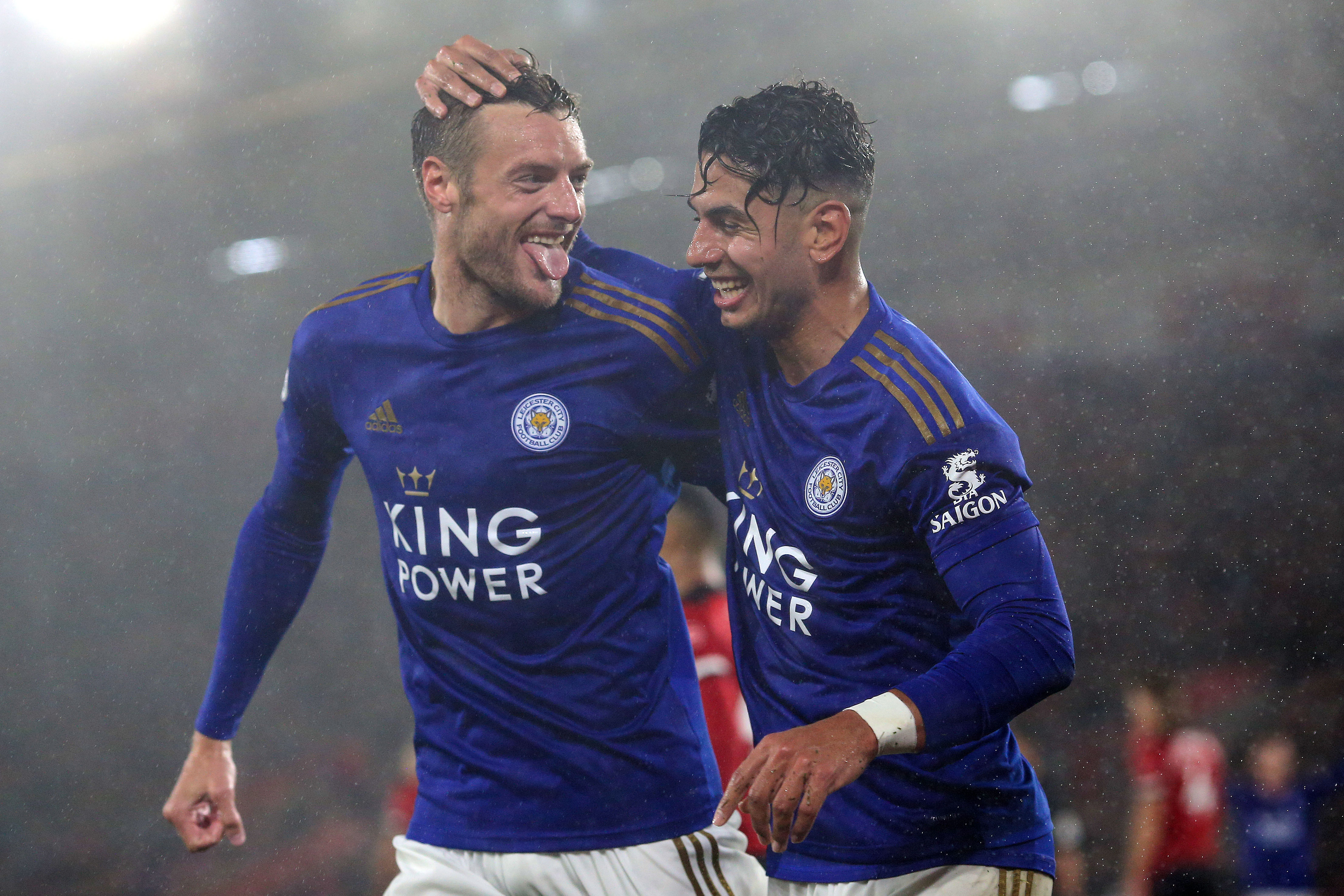 Jamie Vardy and Ayoze Perez celebrate a goal for Leicester City against Southampton in a 9-0 win for the Foxes in October 2019.