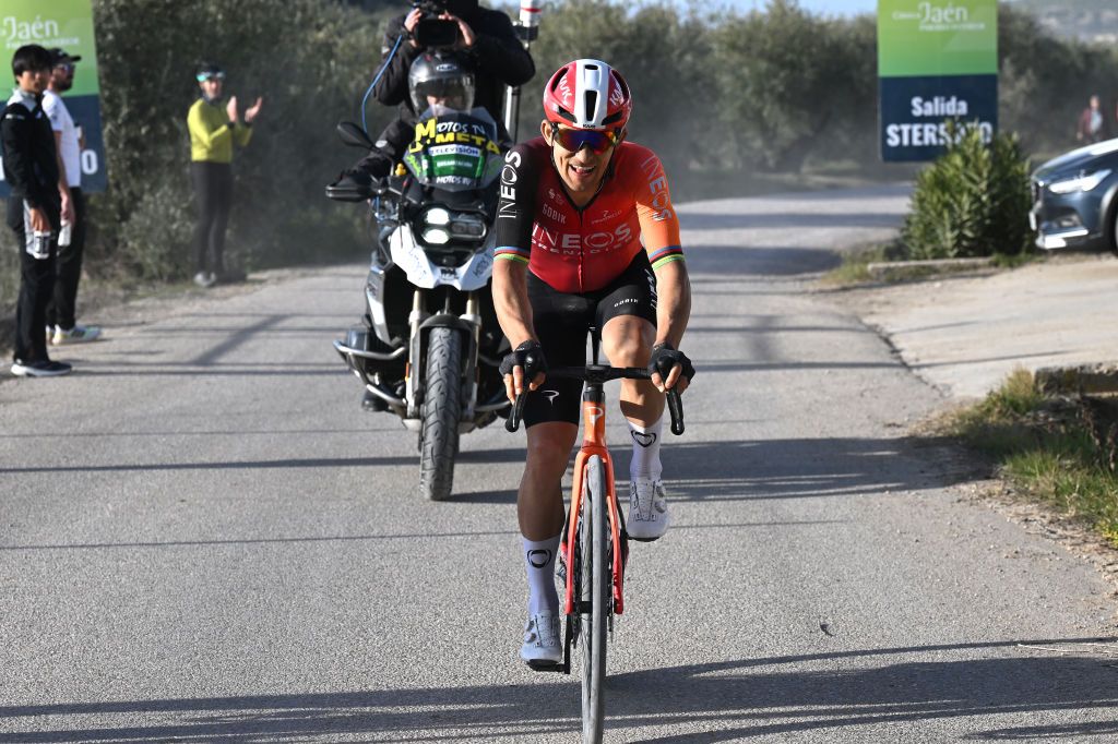 UBEDA SPAIN FEBRUARY 17 Michal Kwiatkowski of Poland and Team INEOS Grenadiers competes in the breakaway during the 4th Clasica Jaen Paraiso Interior 2025 a 1692km one day race from Ubeda to Ubeda on February 17 2025 in Ubeda Spain Photo by Tim de WaeleGetty Images