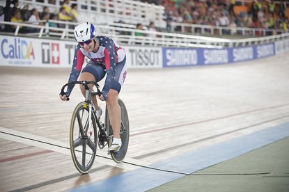 Sarah Hammer was active throughout the women's omnium points race at the 2014 track world champs in Cali
